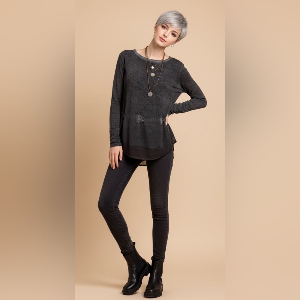 BITTE KAI RAND Designer Blouse Boho Blue Gray Crepe Layered Ribbed Knit